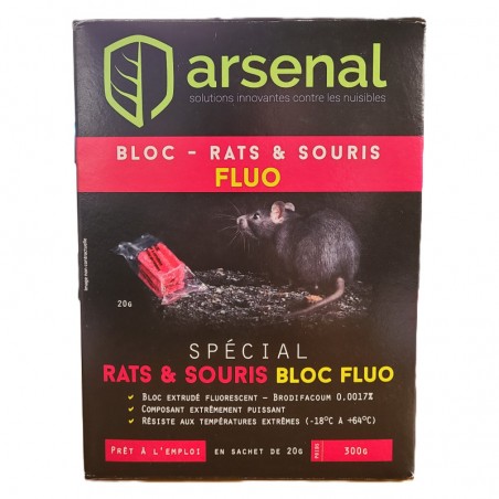 Raticide Arsenal, Bloc Fluo Brodifacoum pour rat & souris